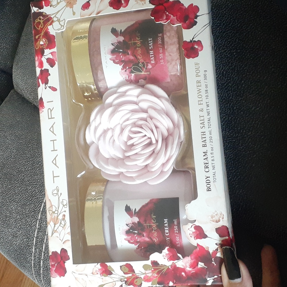 Tahari Rosewater Body Cream, Bath Salt, & Flower Pouf